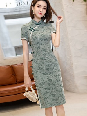 Green Jacquard Lotus Midi Qipao / Cheongsam Party Dress