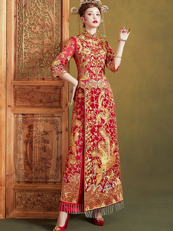 Red Wedding Qun Kwa with Dragon & Phoenix Embroidery - CozyLadyWear