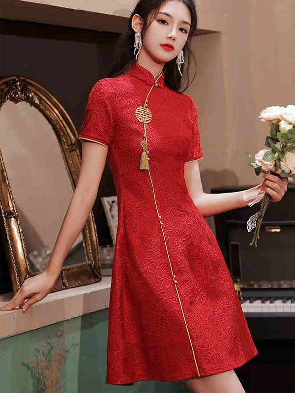 Red Lace A-line Short Qipao / Cheongsam Wedding Dress
