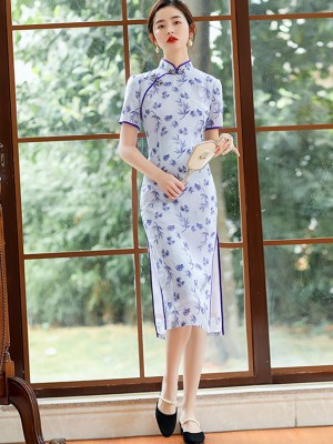 Blue Floral Linen Midi Qipao / Cheongsam Dress