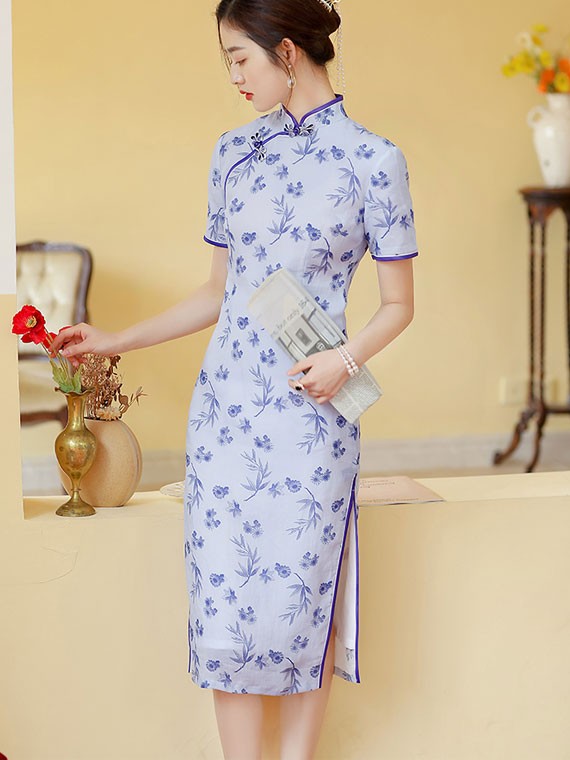 Blue Floral Linen Midi Qipao / Cheongsam Dress