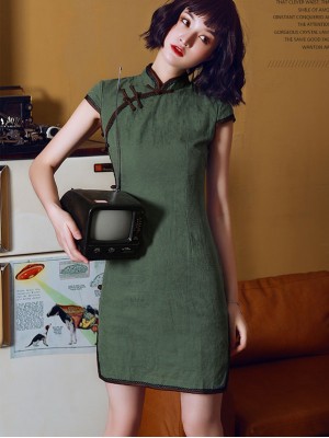 Green Linen Modern Qipao / Cheongsam Dress
