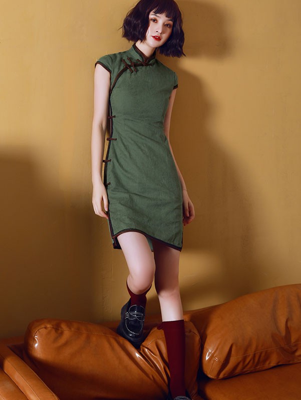 Green Linen Modern Qipao / Cheongsam Dress