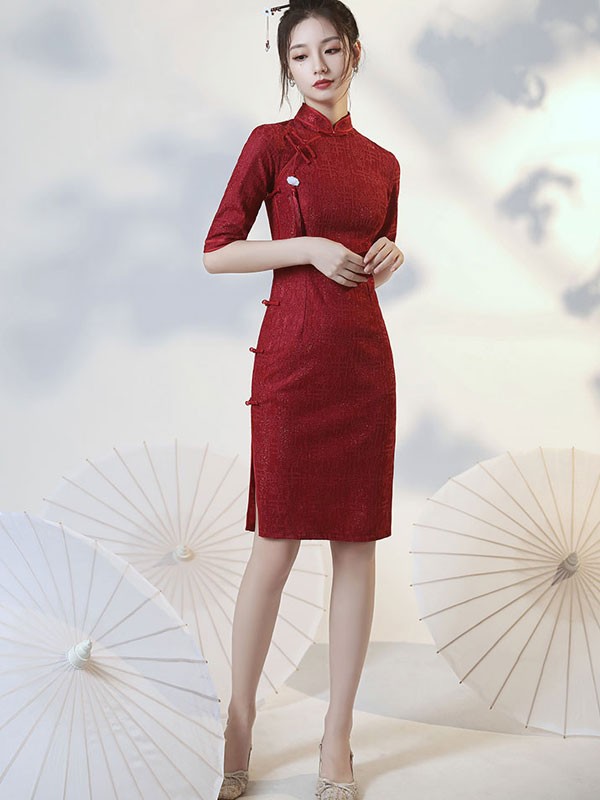 Burgundy Lace Midi Qipao / Cheongsam Dress