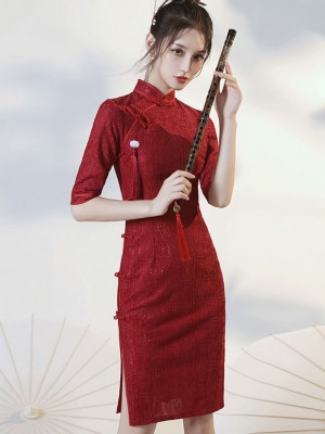 Burgundy Lace Midi Qipao / Cheongsam Dress