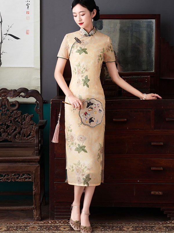 2021 Yellow Floral Qipao Cheongsam Dress CozyLadyWear