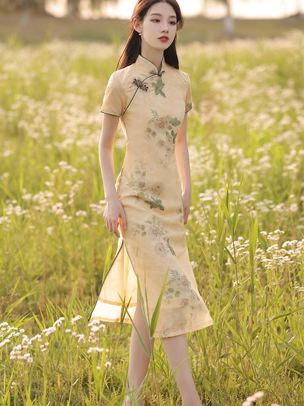 2021 Yellow Floral Qipao / Cheongsam Dress