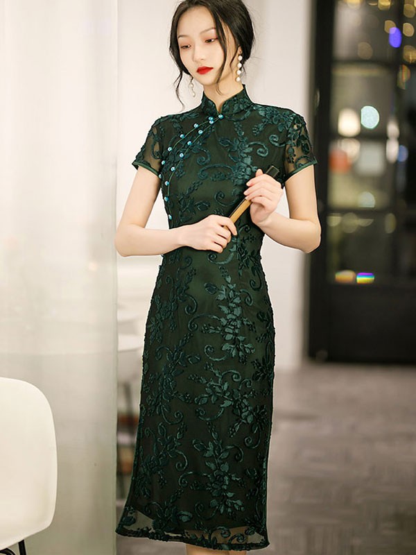 Red Black Bridal Mother's Velvet Qipao / Cheongsam Dress