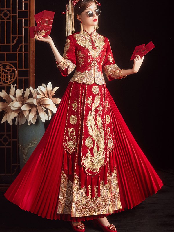 Red Embroidered Wedding Qun Kwa with Pleated Skirt