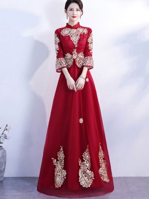 Burgundy Lace Max Tulle Qipao / Cheongsam Wedding Dress
