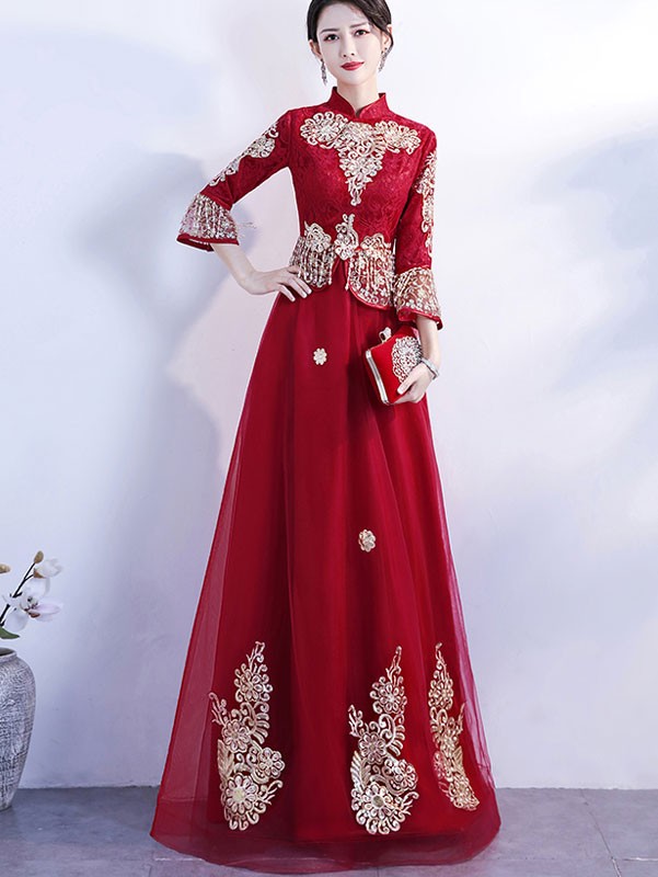 Burgundy Lace Jacket Wedding Qun Kwa