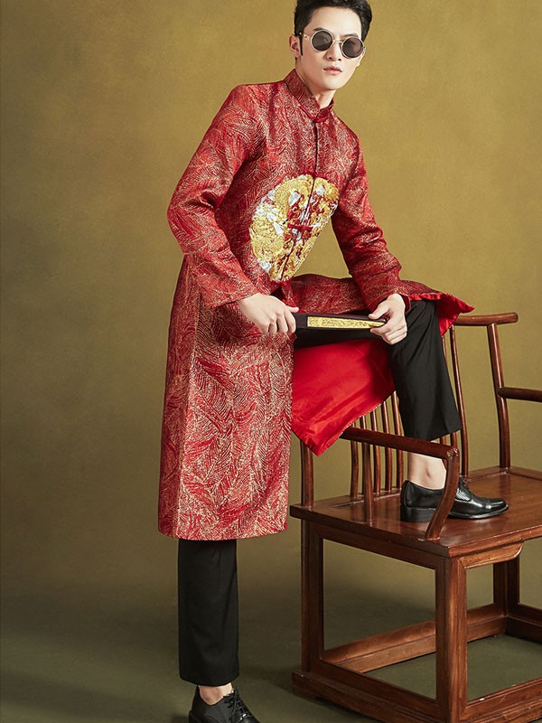 Red Embroidered Dragon Chinese Men's Wedding Jacket Magua