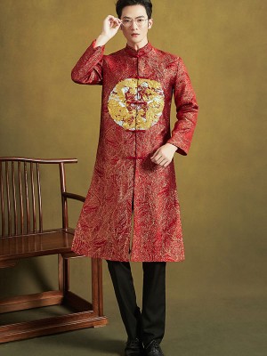 Red Embroidered Dragon Chinese Men's Wedding Jacket Magua