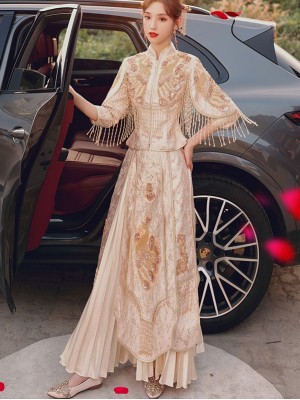 2021 Champagne Sequined Wedding Qun Kwa & Pleated Skirt