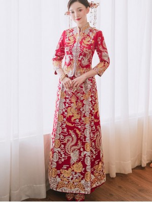 Beaded Dragon Phoenix Chinese Wedding Qun Kwa with Pleated Skirt