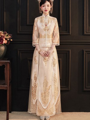 Summer Filmsy Champagne Embroidered Wedding Qun Kwa