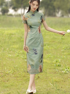 2021 Green Printed Modern Qipao / Cheongsam Dress