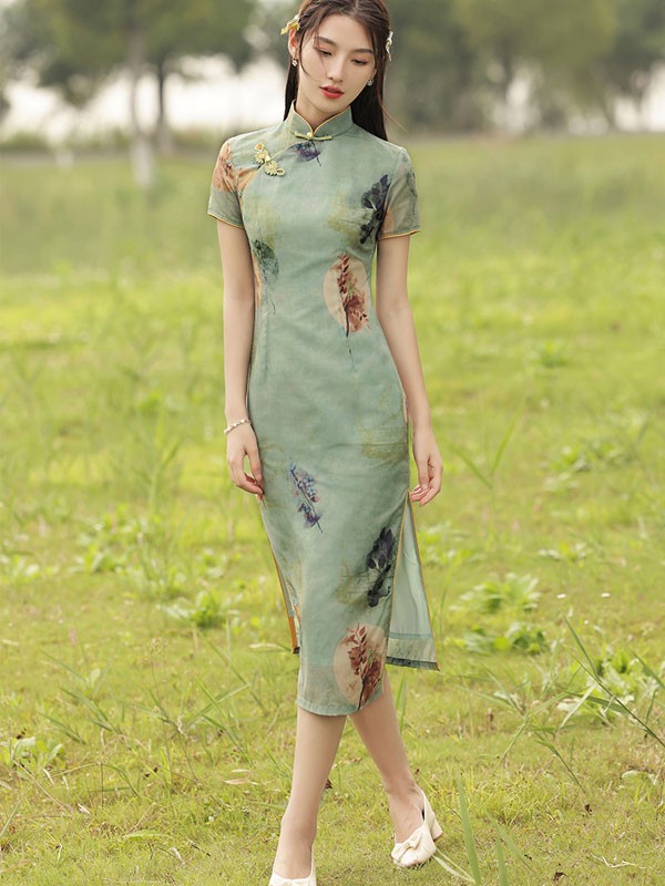 2021 Green Printed Modern Qipao / Cheongsam Dress