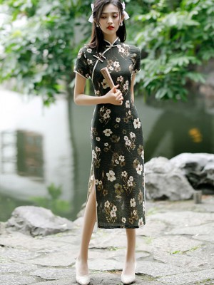 Black Floral Linen Qipao / Cheongsam Dress