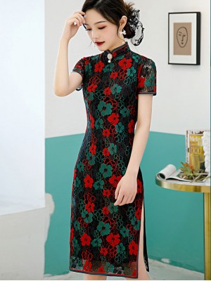 2021 Black Floral Lace Qipao / Cheongsam Dress