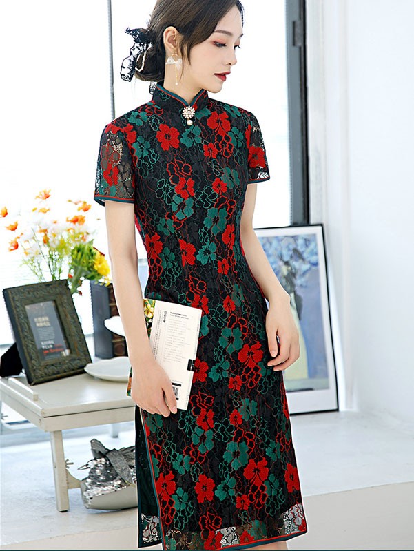 2021 Black Floral Lace Qipao / Cheongsam Dress