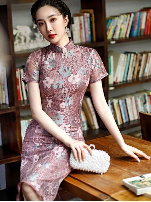 2021 Purple Floral Lace Qipao / Cheongsam Dress