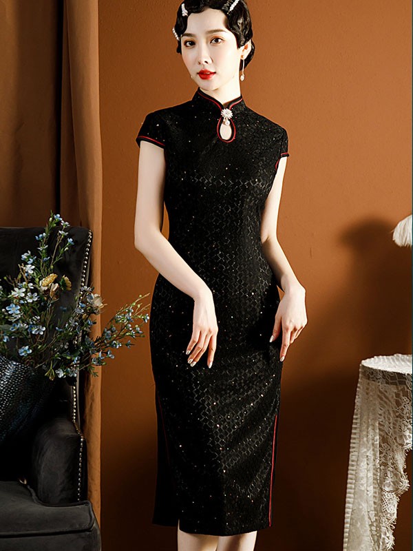 Black White Sequined Lace Qipao / Cheongsam Dress