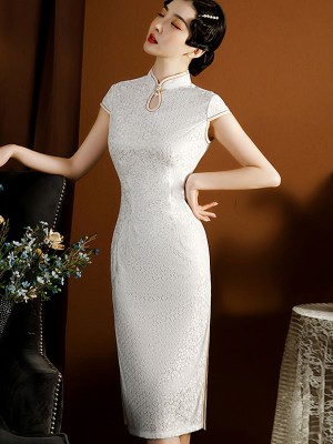 Black Blue White Sequined Lace Qipao / Cheongsam Dress