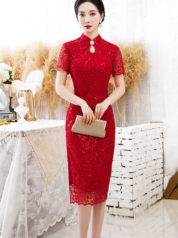 Bridal Mother's Sequined Lace Qipao / Cheongsam Dress