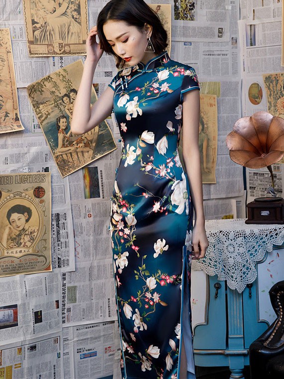 2022 Blue Jacquard Maxi Qipao / Cheongsam Dress