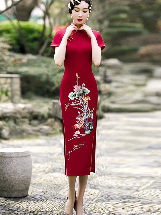 Green Red Embroidered Maxi Qipao / Cheongsam Dress