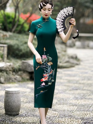 Green Red Embroidered Maxi Qipao / Cheongsam Dress