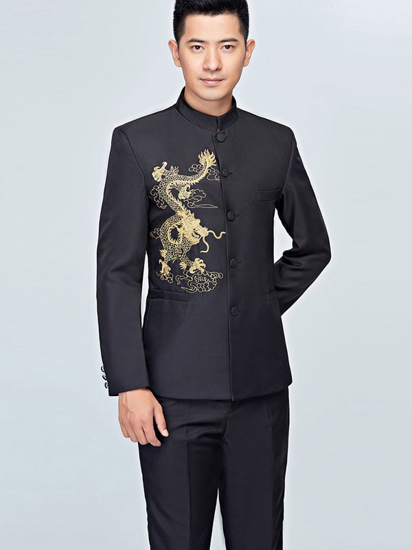 Black White Embroidered Dragon Chinese Tunic Suit Jacket