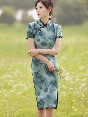 Green Leaf Print Midi Qipao / Cheongsam Dress