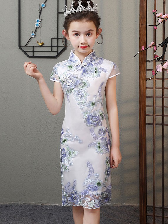 Purple Embroidered Kids Girls Qipao / Cheongsam Dress