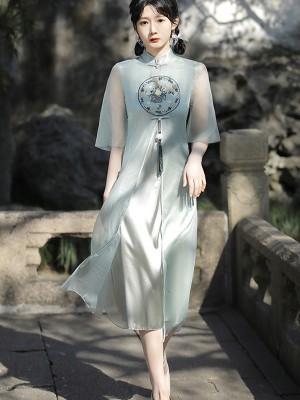 Embroidered Green Beige A-Line Qipao / Cheongsam Dress in Organza