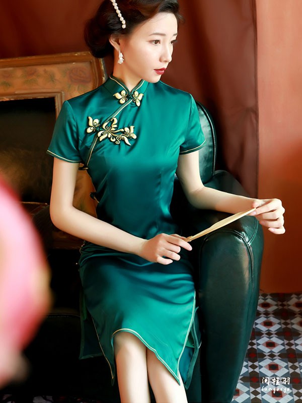 Lake Blue Tea-Length Traditional Qipao / Cheongsam Evening Dress