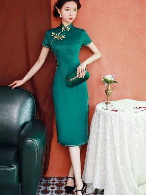 Lake Blue Tea-Length Traditional Qipao / Cheongsam Evening Dress