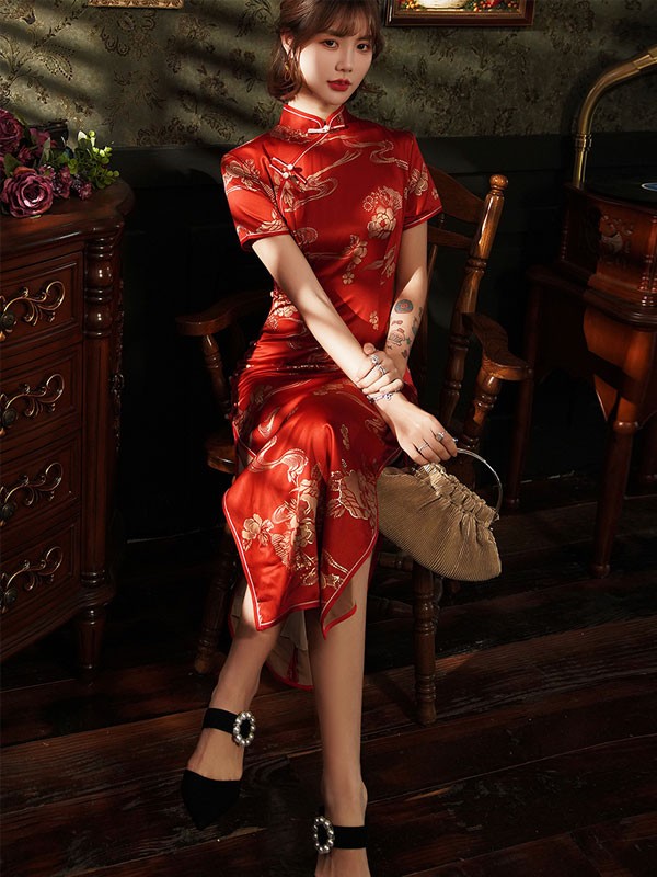 Bronzing Floral Red Ankle-Length Wedding Qipao / Cheongsam Dress