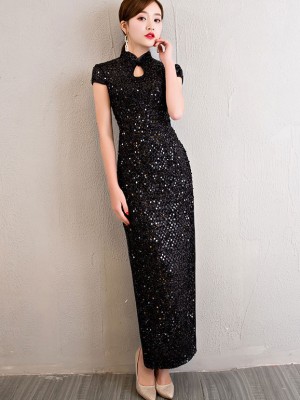 Floor-Length Sequined Lace Qipao / Cheongsam Dress