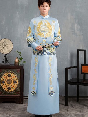 Blue Dragon Embroidered Men's Wedding Tang Suit