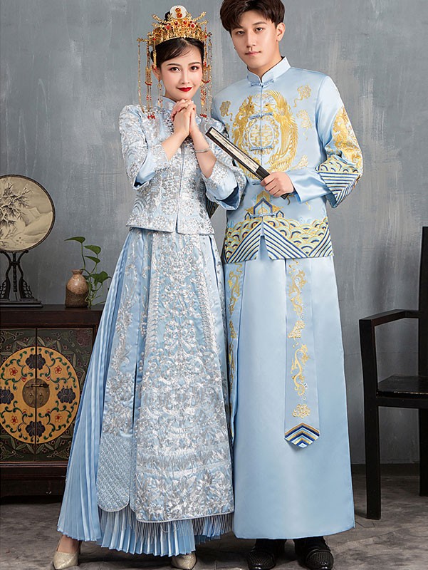 Blue Embroidered Wedding Qun Kwa & Pleated Skirt Blue Embroidered Wedding Qun Kwa & Pleated Skirt