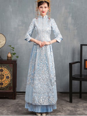Blue Embroidered Wedding Qun Kwa & Pleated Skirt