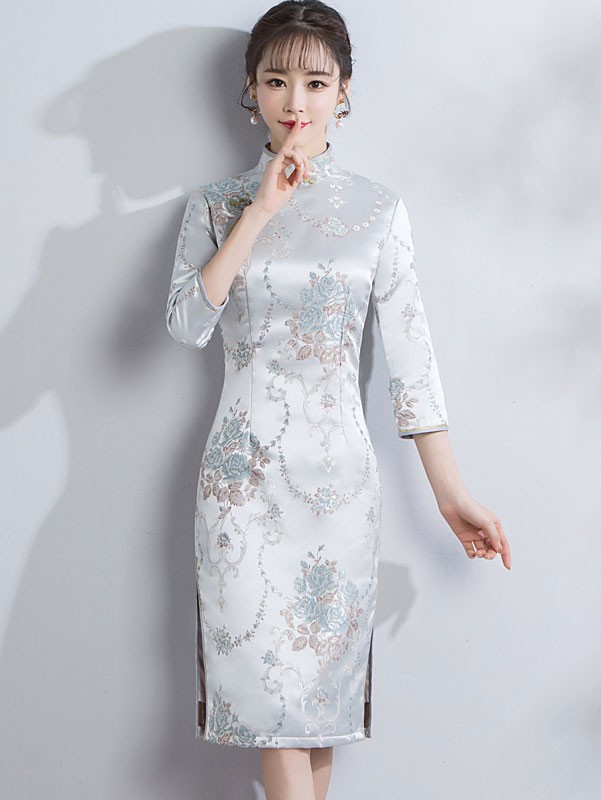 Embroidered Midi Qipao / Cheongsam Dress with Long Sleeve for Winter ...