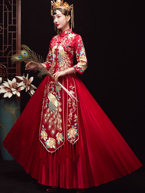 2021 Red Embroidered Wedding Qun Kwa & Pleated Skirt