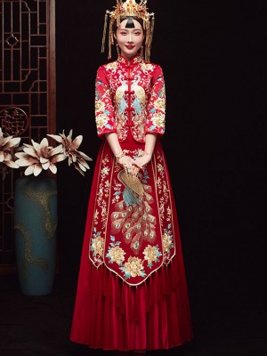 2023 Red Embroidered Wedding Qun Kwa & Pleated Skirt