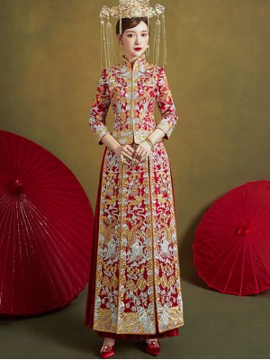 2026 Red Embroidered Wedding Qun Kwa & Pleated Skirt