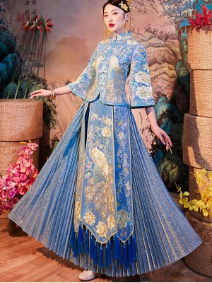 Blue Shimmering Embroidered Wedding Qun Kwa & Pleated Skirt