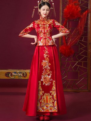 Red Embroidered Chinese Wedding Qun Kwa Xiu He Fu