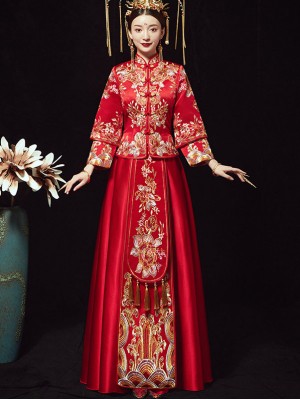 Red Embroidered Floral Chinese Wedding Xiu He Fu - Jacket & Skirt